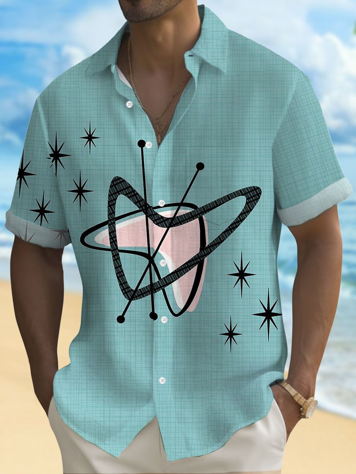 Royaura® Retro Geometric Atom Print Men's Button Pocket Short Sleeve Shirt Big & Tall