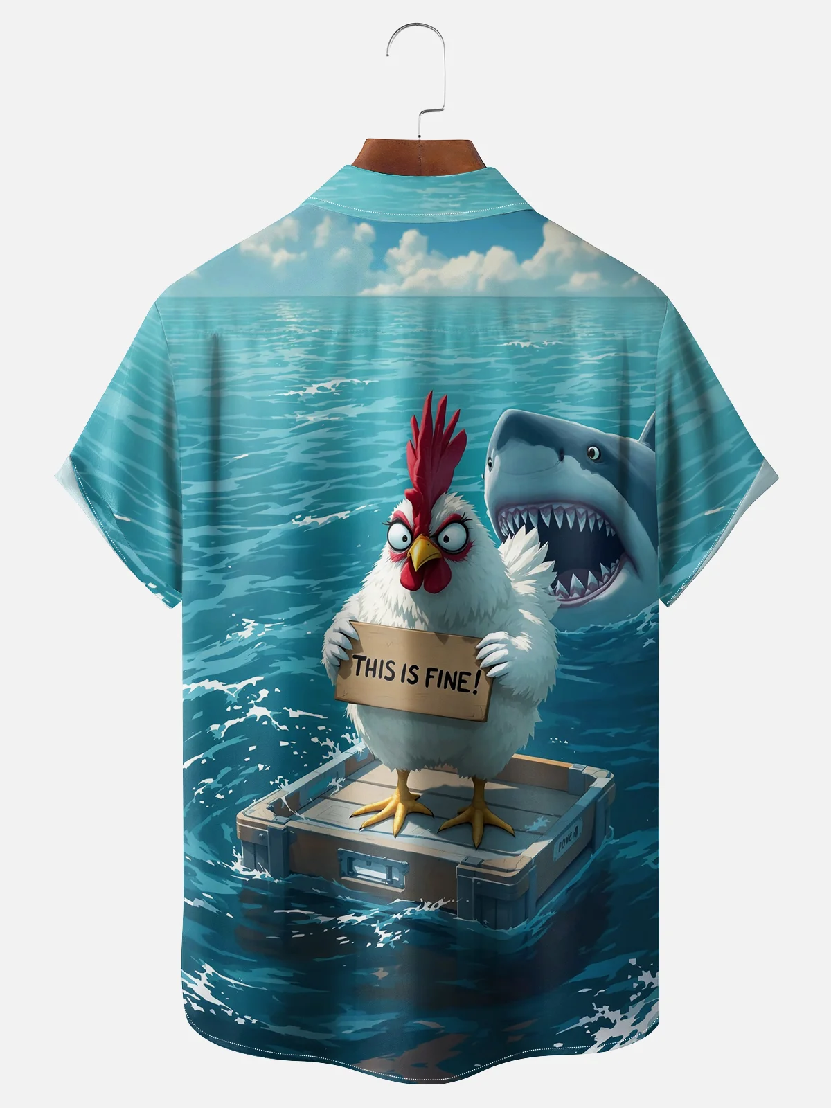 Royaura® Hawaiian Rooster Print Men's Shark Button Pocket Short Sleeve Shirt Big & Tall