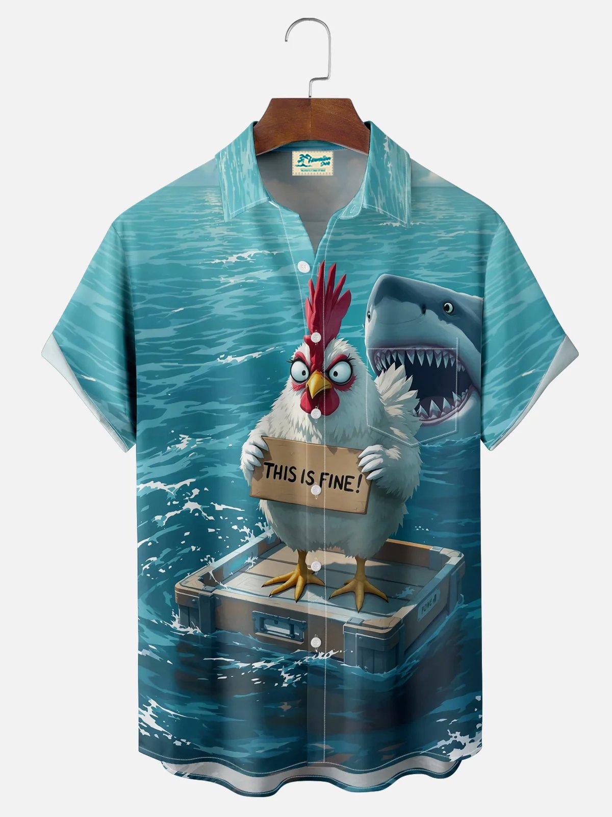 Royaura® Hawaiian Rooster Print Men's Shark Button Pocket Short Sleeve Shirt Big & Tall