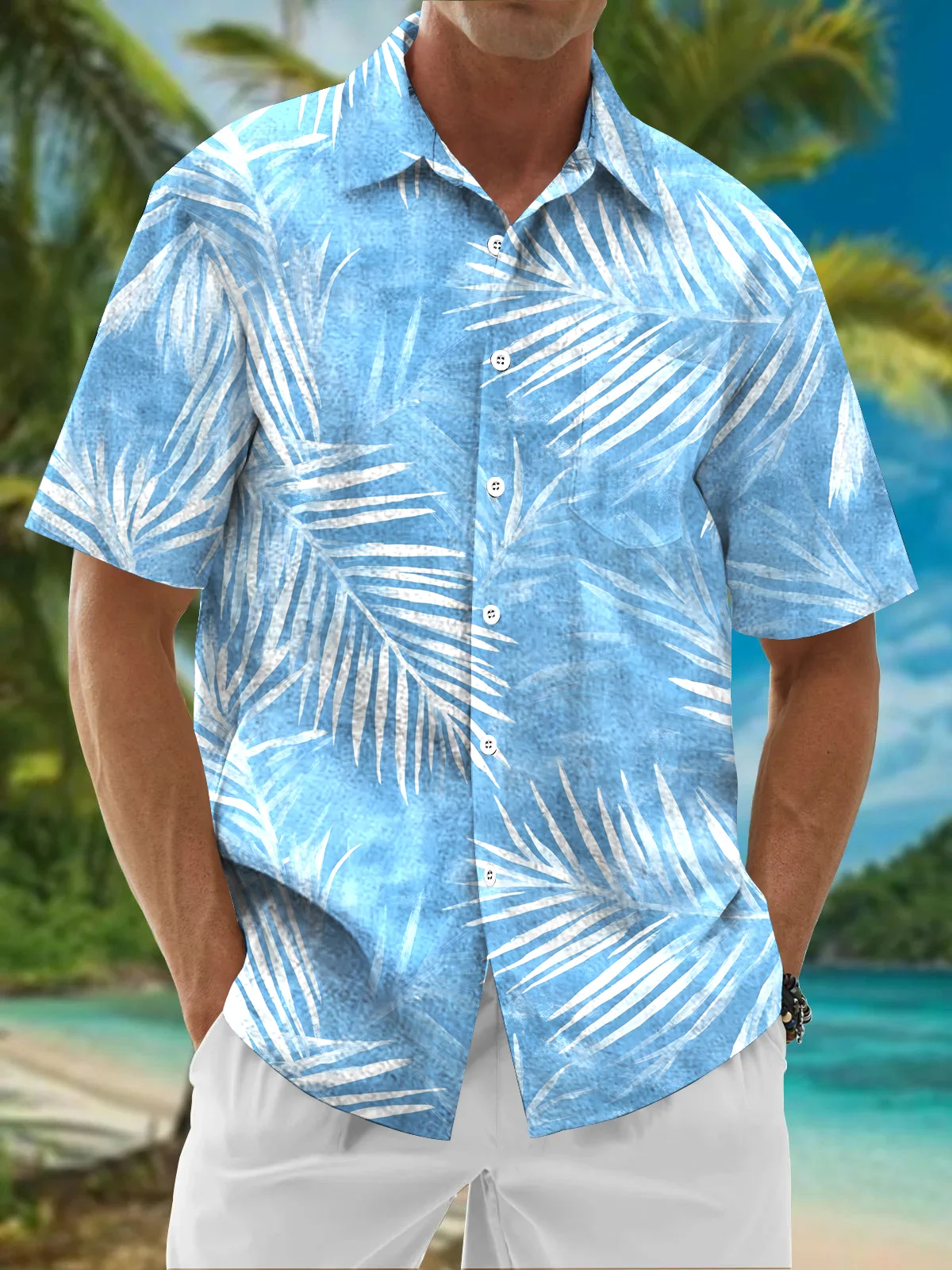 Royaura® Beach Resort Men's Hawaiian Shirt Gradient Palm Leaves Print Pocket Camping Shirt Big Tall