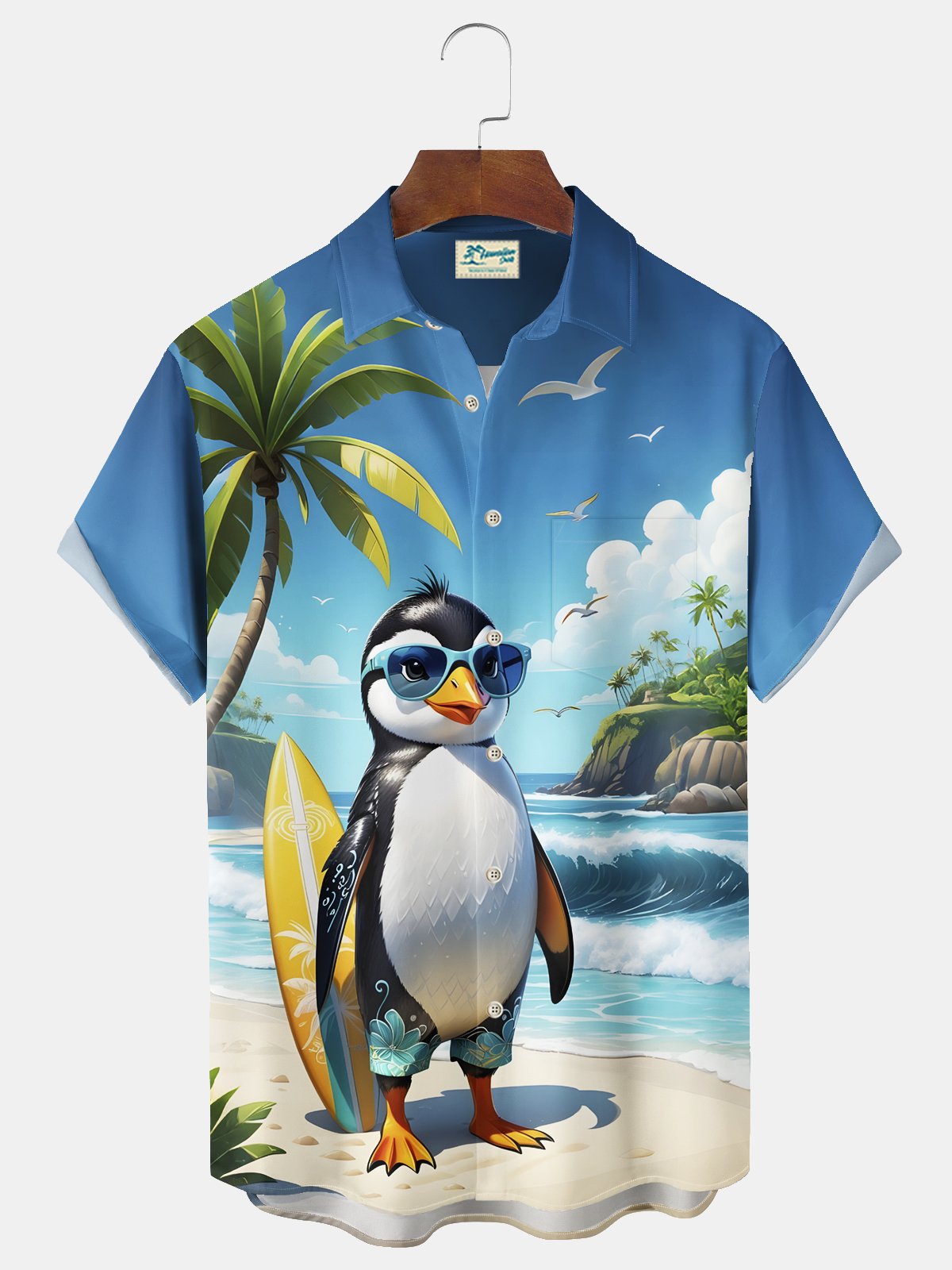 Royaura® Beach Resort Men's Hawaiian Shirt Beach Penguin Print Pocket Camping Shirt Big Tall