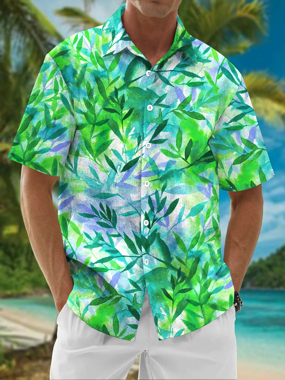 Royaura® Beach Resort Men's Hawaiian Shirt Gradient Plant Print Pocket Camping Shirt Big Tall