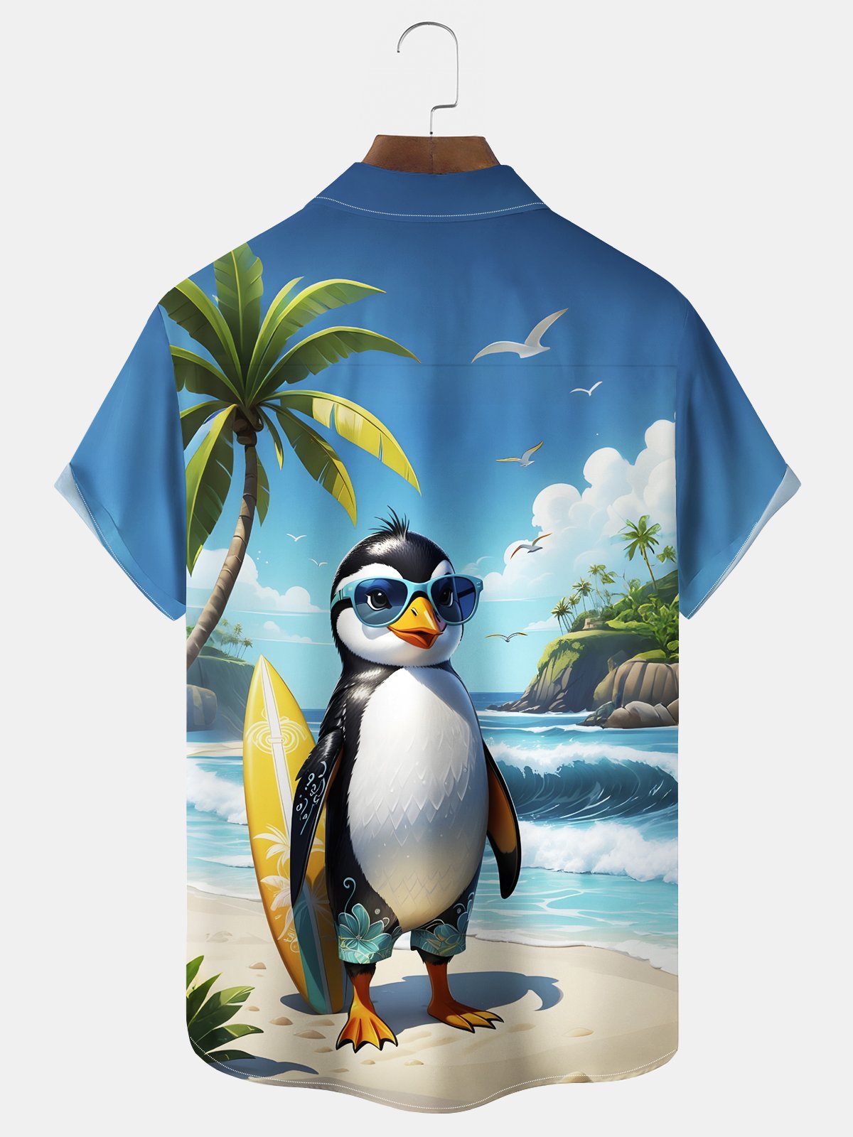 Royaura® Beach Resort Men's Hawaiian Shirt Beach Penguin Print Pocket Camping Shirt Big Tall