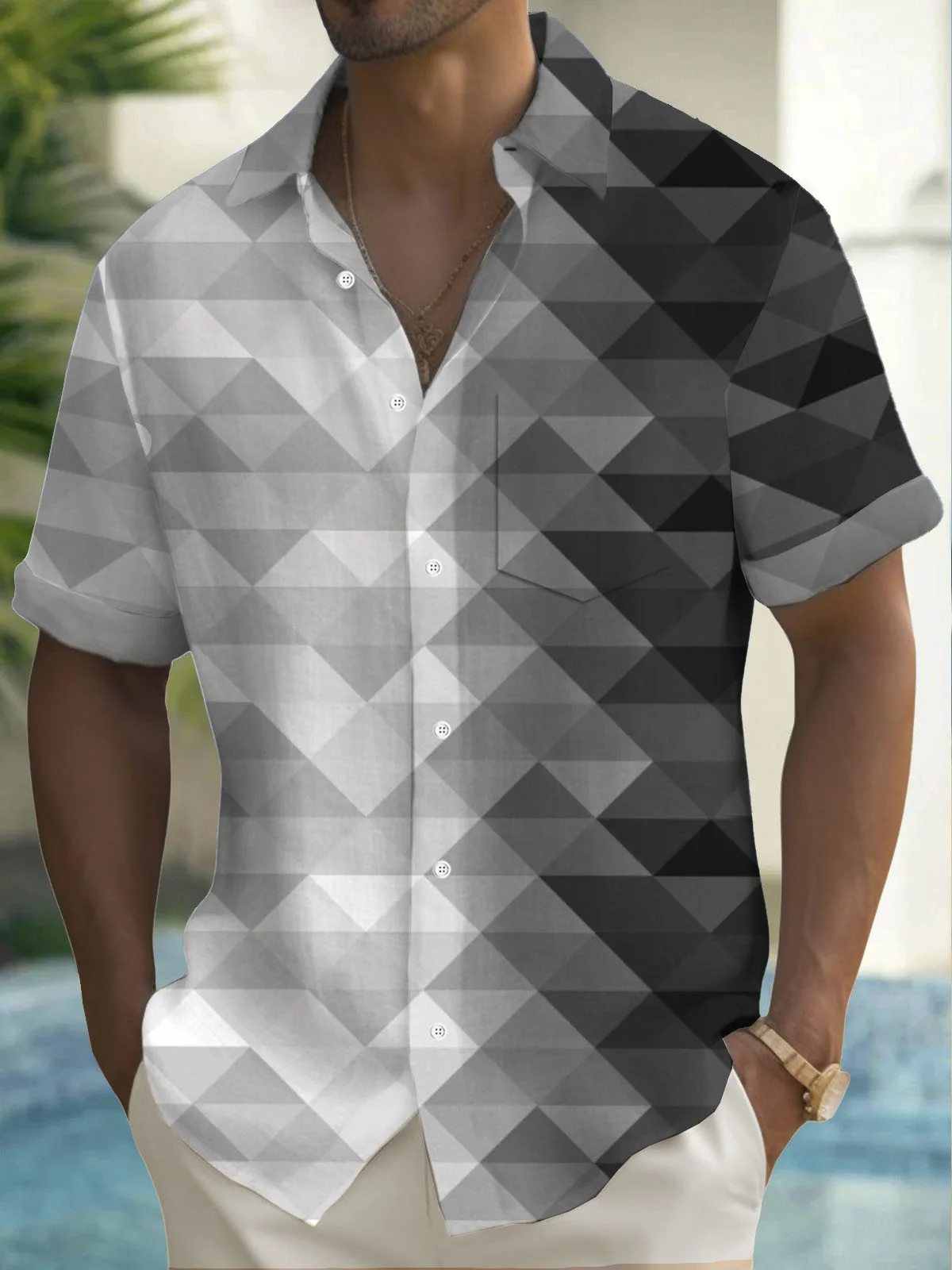 Royaura® Retro Geometric Gradient Print Men's Button Pocket Short Sleeve Shirt Big & Tall