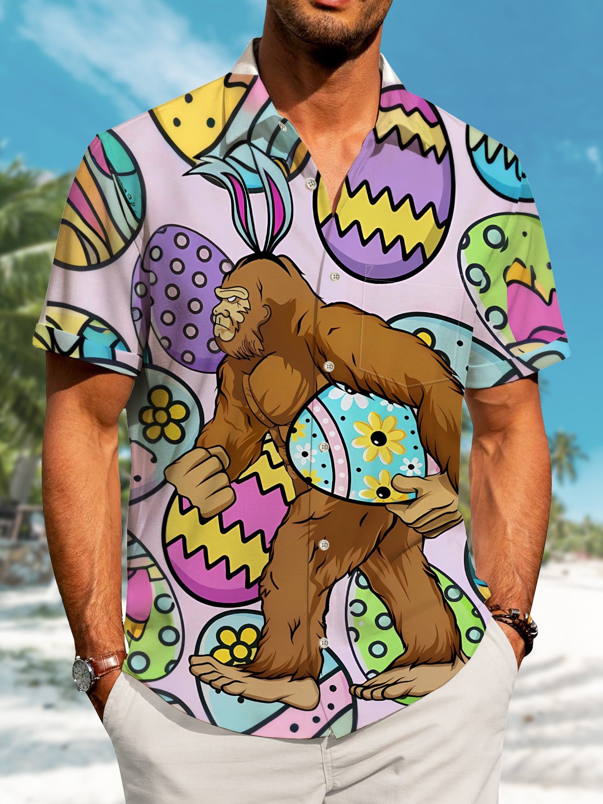 Alohadaddy Hawaii Resort Style Easter Walking Bigfoot Pocket Button Stretch Large Size Men's T-Shirt