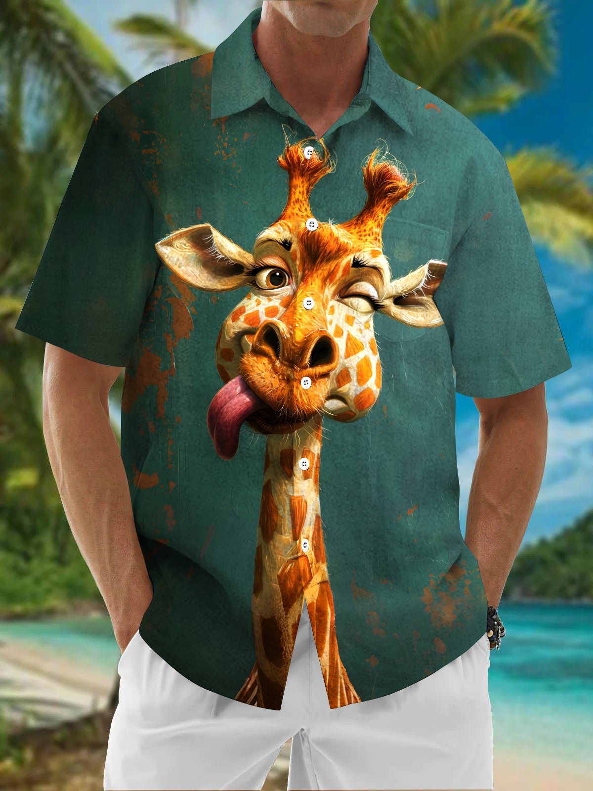 Royaura® Beach Resort Men's Hawaiian Shirt Giraffe Print Pocket Camping Shirt Big Tall