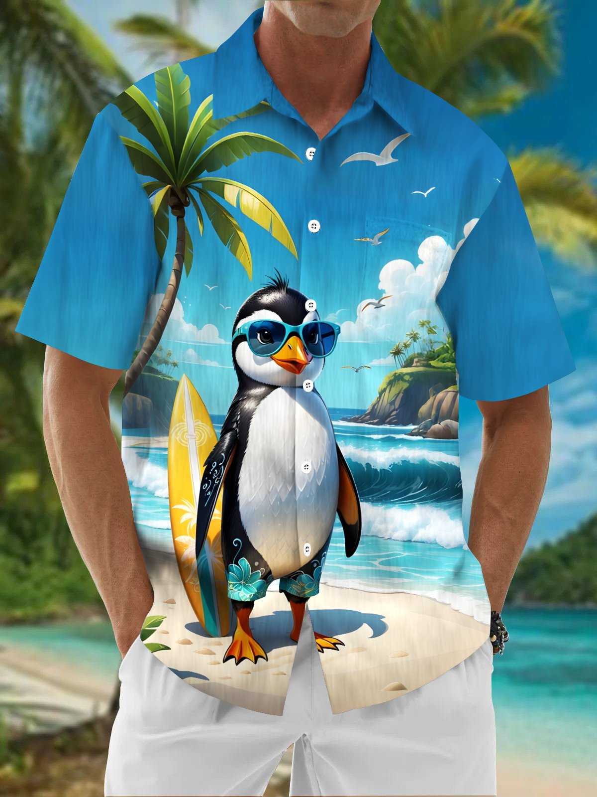 Royaura® Beach Resort Men's Hawaiian Shirt Beach Penguin Print Pocket Camping Shirt Big Tall