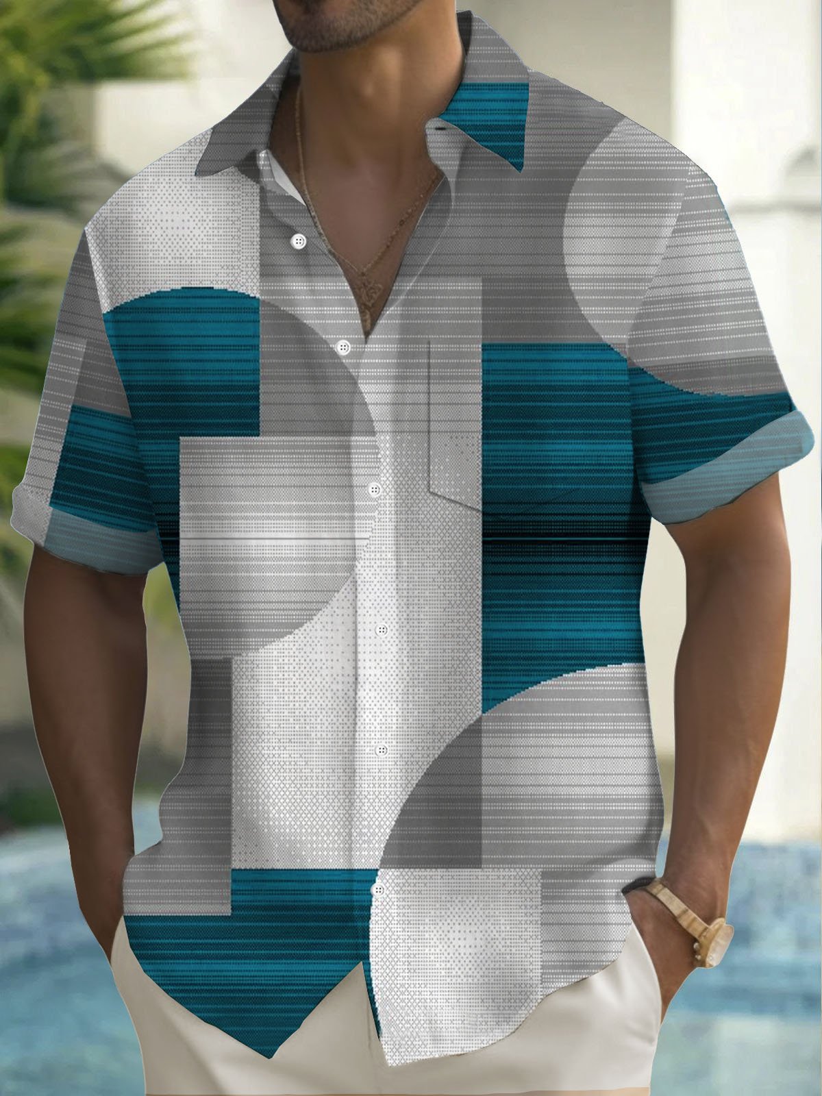 Royaura® Retro Geometric Color Block Print Men's Button Pocket Short Sleeve Shirt Big & Tall