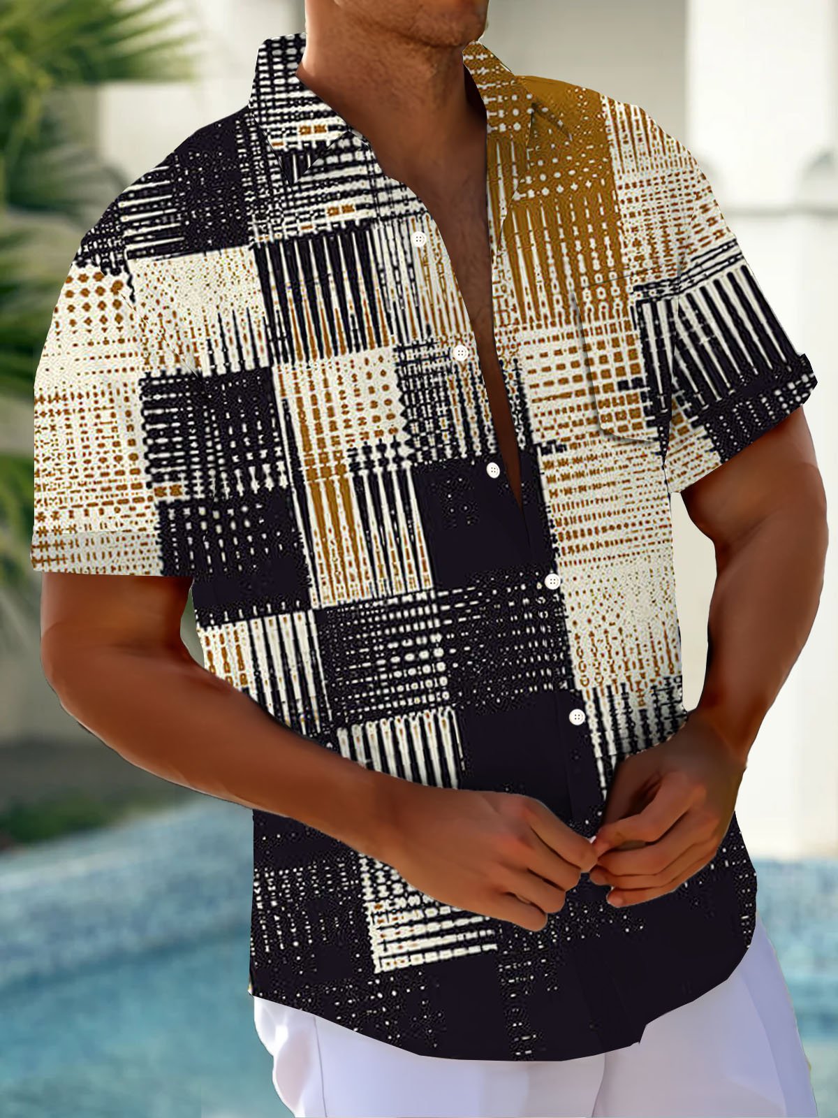 Royaura® Retro Geometric Color Block Print Men's Button Pocket Short Sleeve Shirt Big & Tall