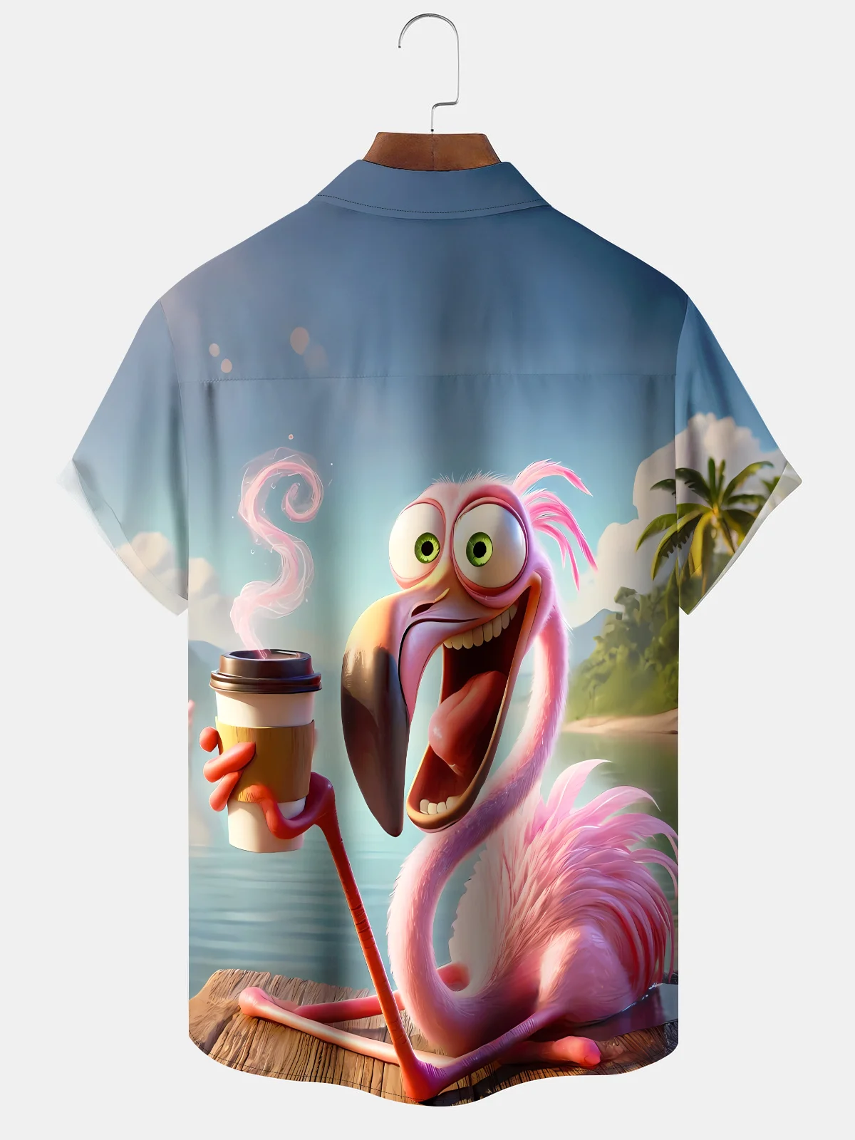 Alohadaddy Hawaii Resort Style Flamingo Drinking Coffee Print Art Button Stretch Large Size Men's T-Shirt