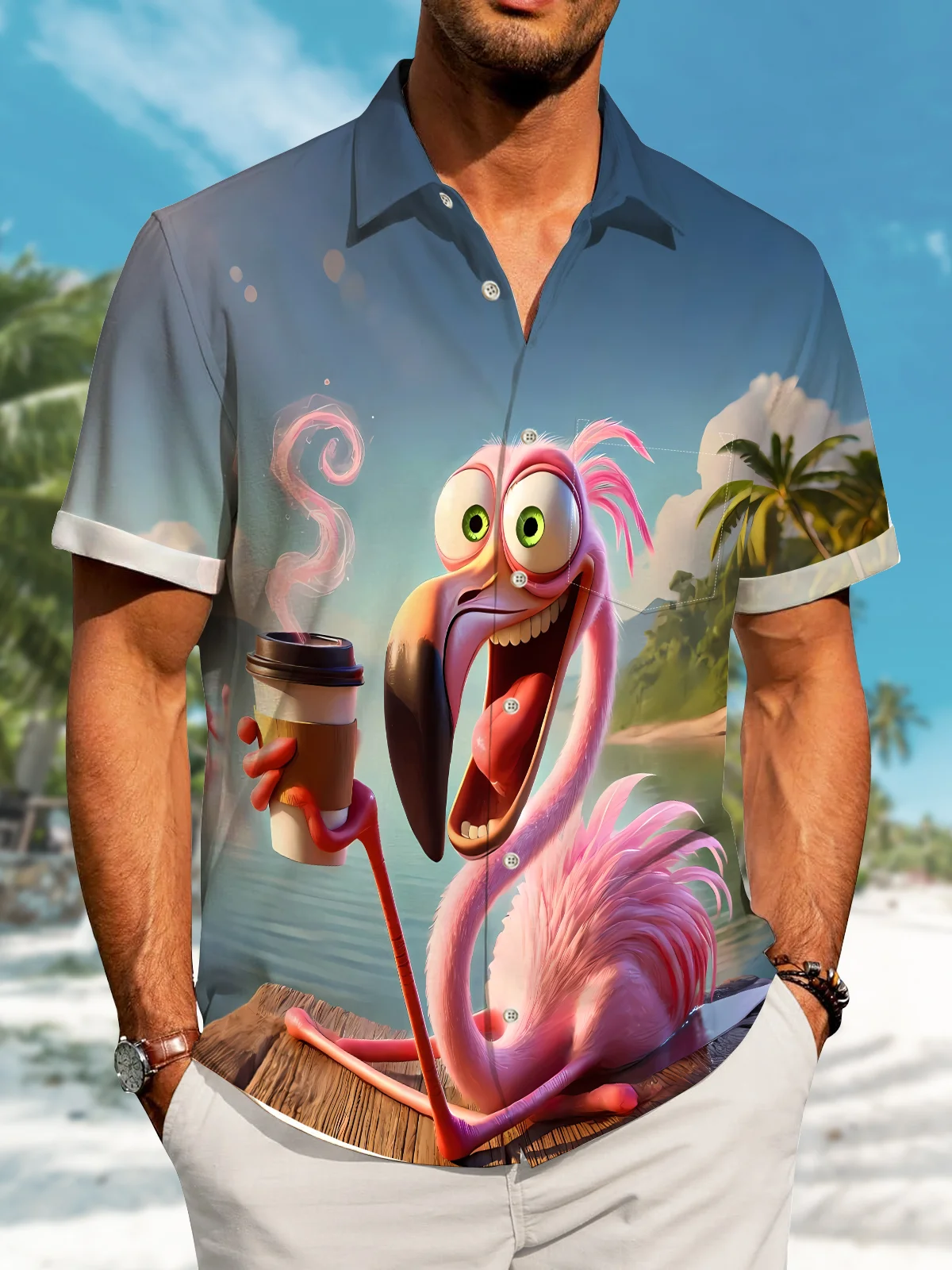 Alohadaddy Hawaii Resort Style Flamingo Drinking Coffee Print Art Button Stretch Large Size Men's T-Shirt