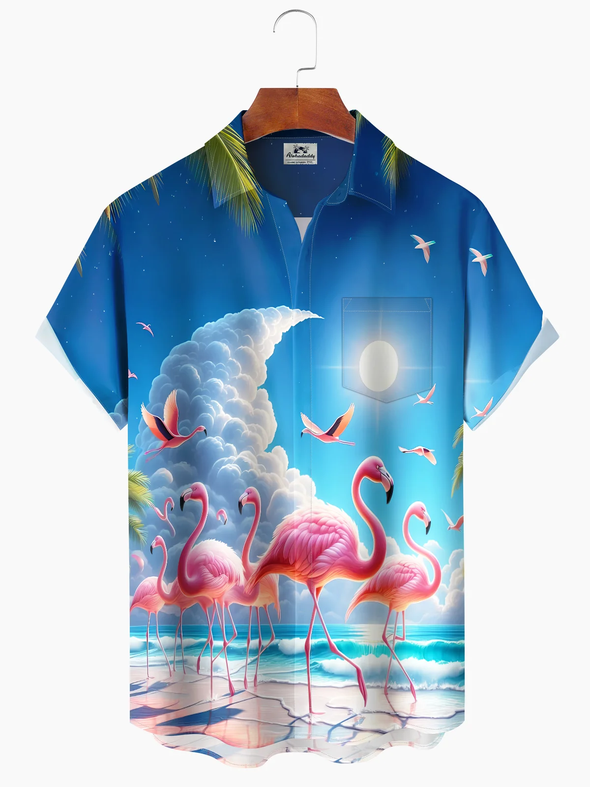 Alohadaddy Hawaii resort style flamingo clouds print art buttons stretch large size men's T-shirt