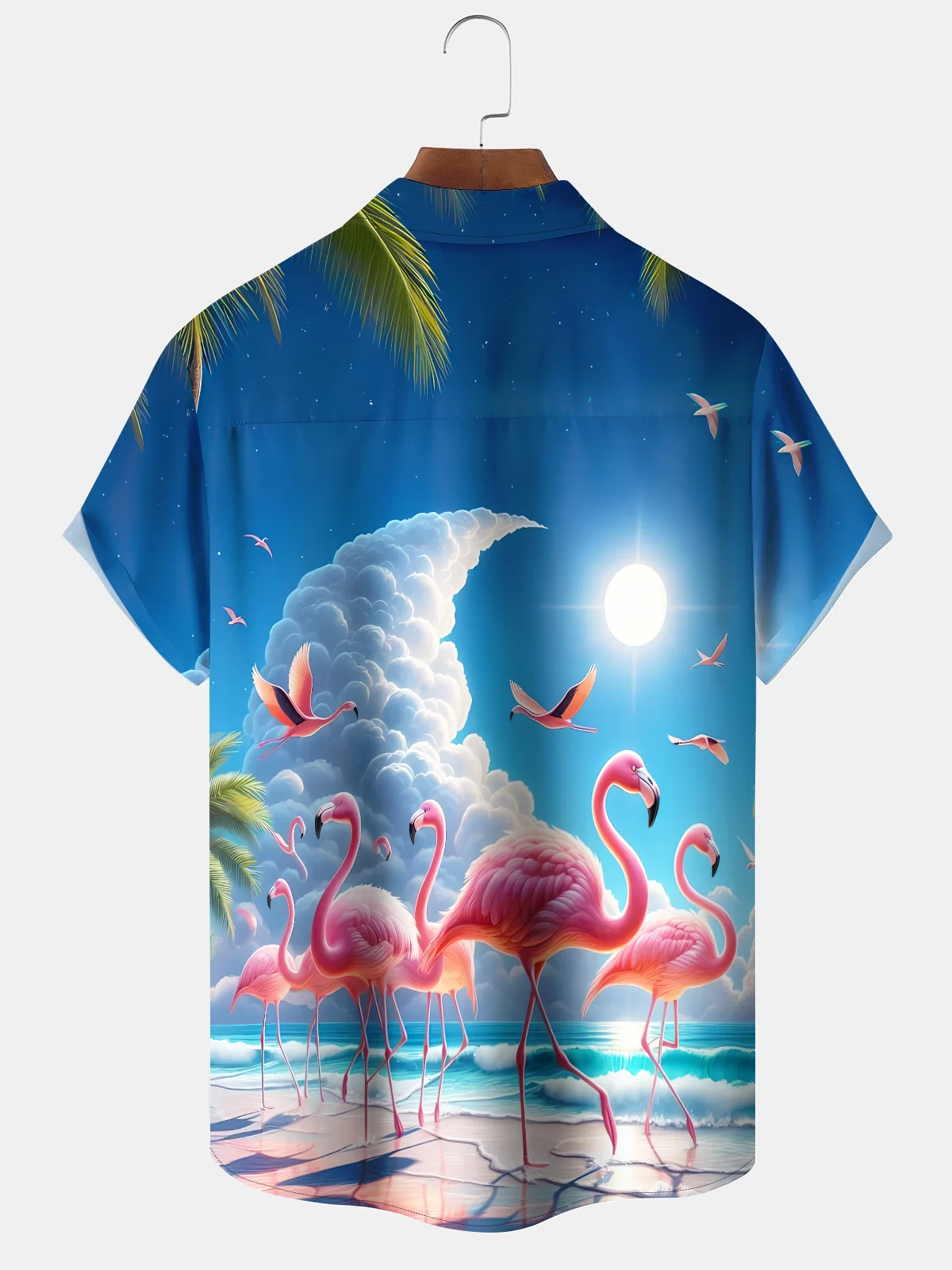 Alohadaddy Hawaii resort style flamingo clouds print art buttons stretch large size men's T-shirt