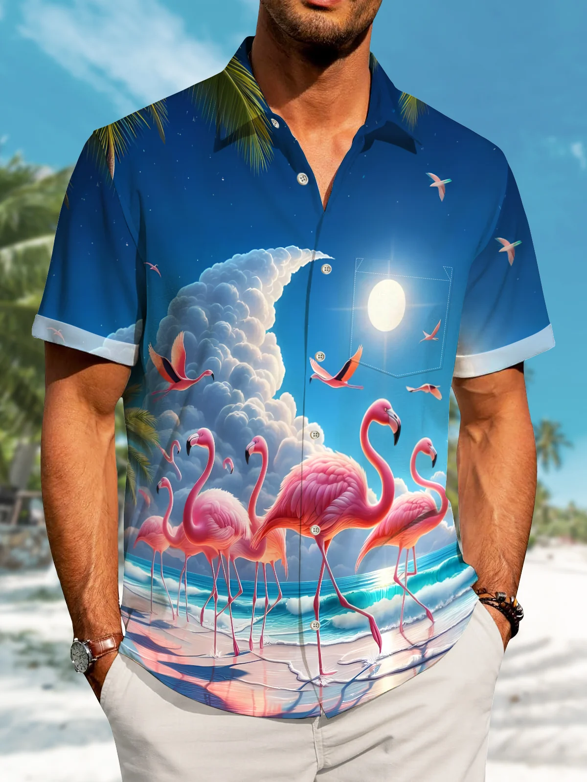 Alohadaddy Hawaii resort style flamingo clouds print art buttons stretch large size men's T-shirt