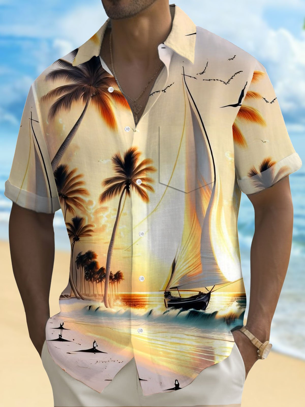 Royaura® Hawaiian Coconut Tree Sailboat Sailing Vacation Print Men's Button Pocket Short Sleeve Shirt Big & Tall