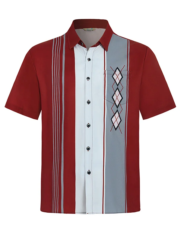 Royaura®  50's Retro Mid-Century Geometric Men's Bowling Shirts Stretch Plus Size Aloha Camp Pocket Shirts