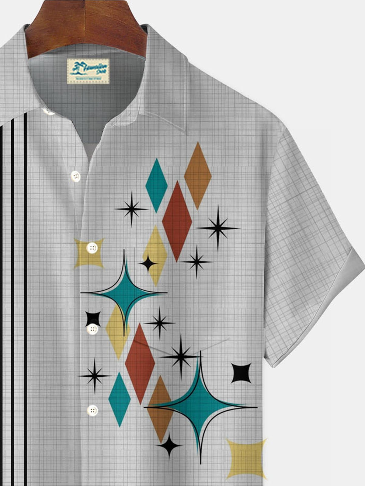 Royaura® Hawaiian Mid-Century Geometric Atomic Stripe Print Men's Button Pocket Short Sleeve Shirt Big & Tall