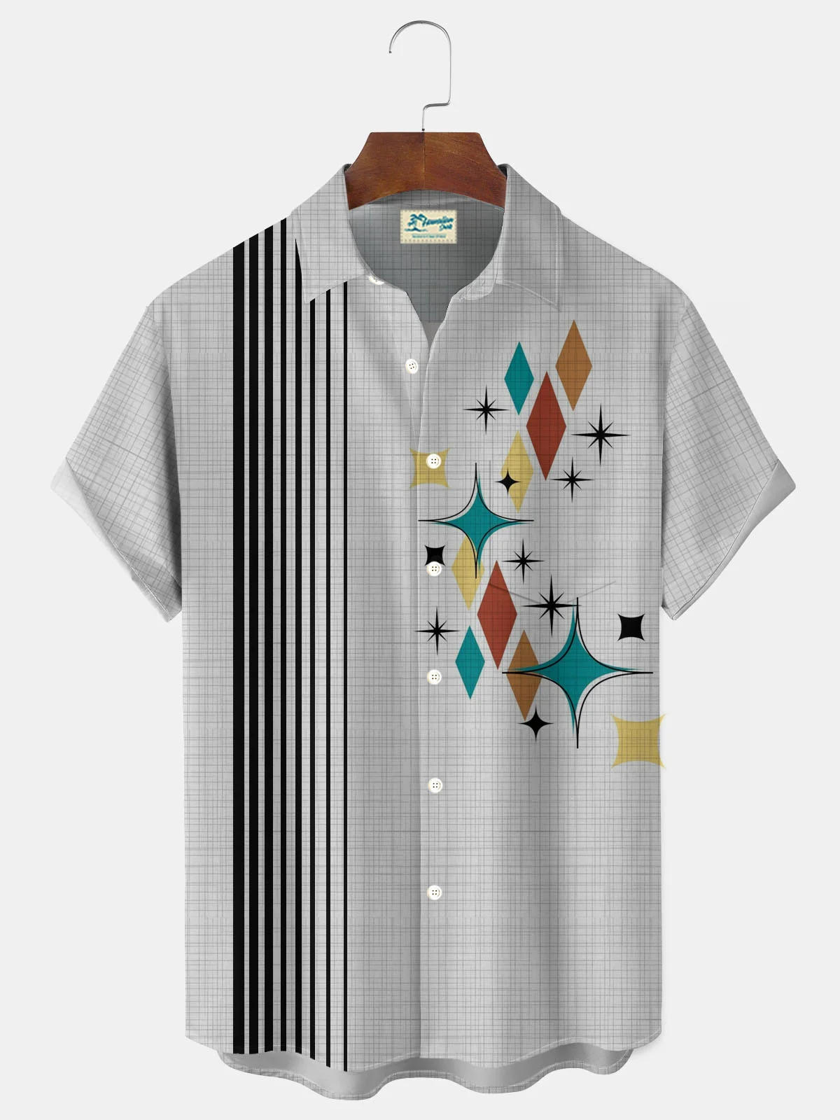 Royaura® Hawaiian Mid-Century Geometric Atomic Stripe Print Men's Button Pocket Short Sleeve Shirt Big & Tall