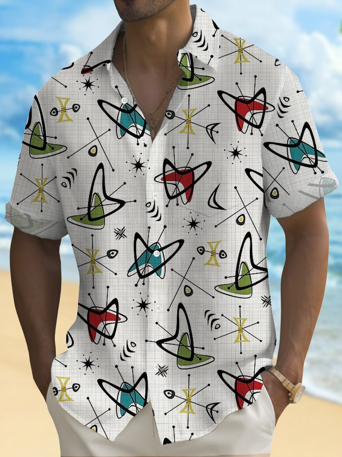 Royaura® Hawaiian 50s Mid-Century Geometric Atomic Graphic Print Mens Button Pocket Short Sleeve Aloha Shirt Big & Tall