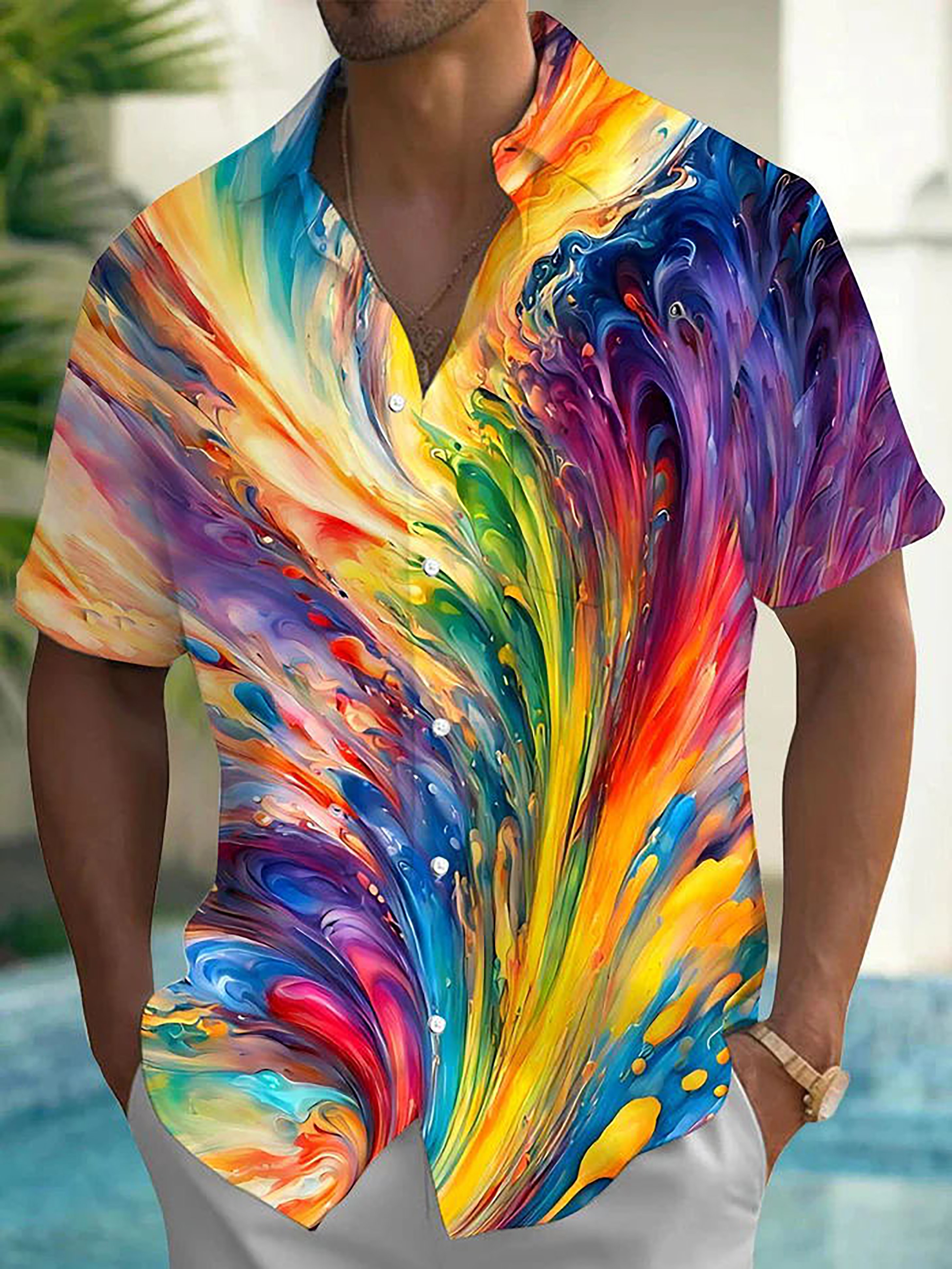 Royaura® Vintage Gradient Art Print Men's Button Pocket Hawaiian Shirt Big Tall