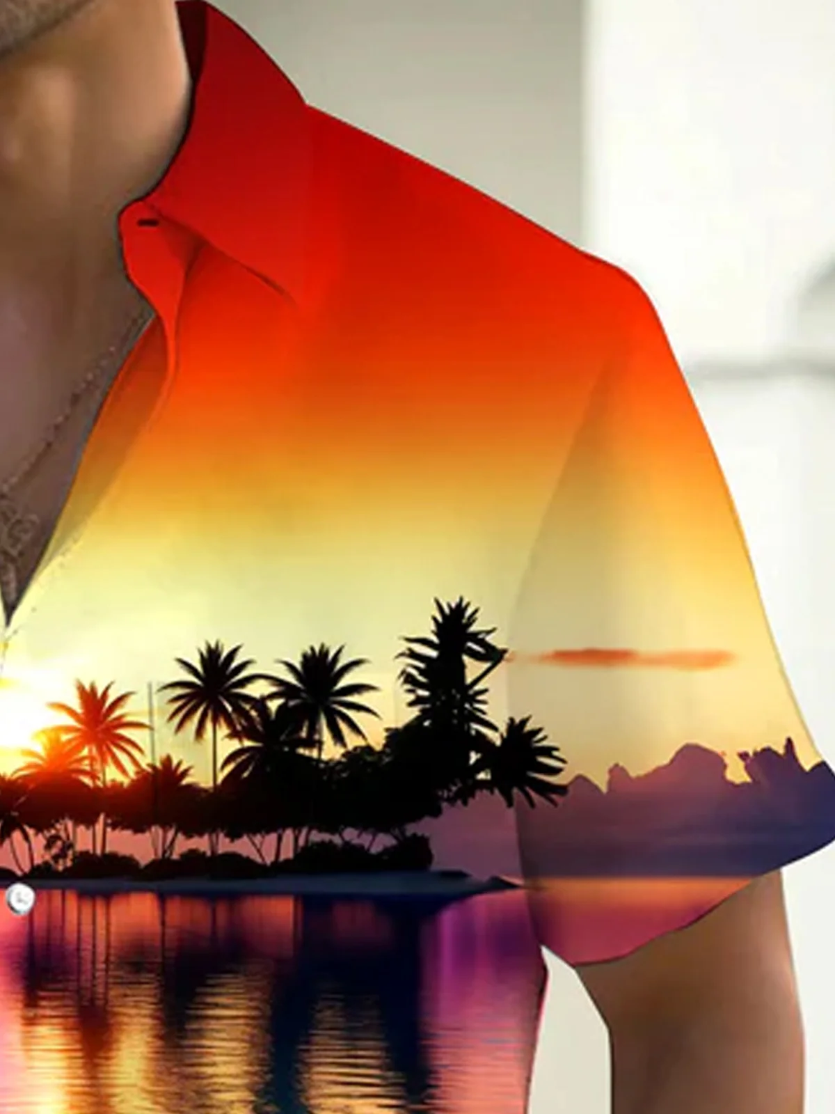Royaura® Hawaiian Gradient Coconut Tree Landscape Print Men's Button Pocket Short Sleeve Hawaiian Shirt Big & Tall