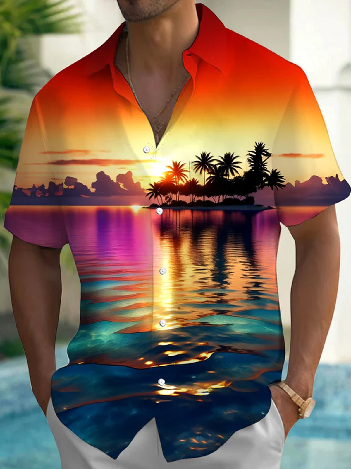 Royaura® Hawaiian Gradient Coconut Tree Landscape Print Men's Button Pocket Short Sleeve Hawaiian Shirt Big & Tall