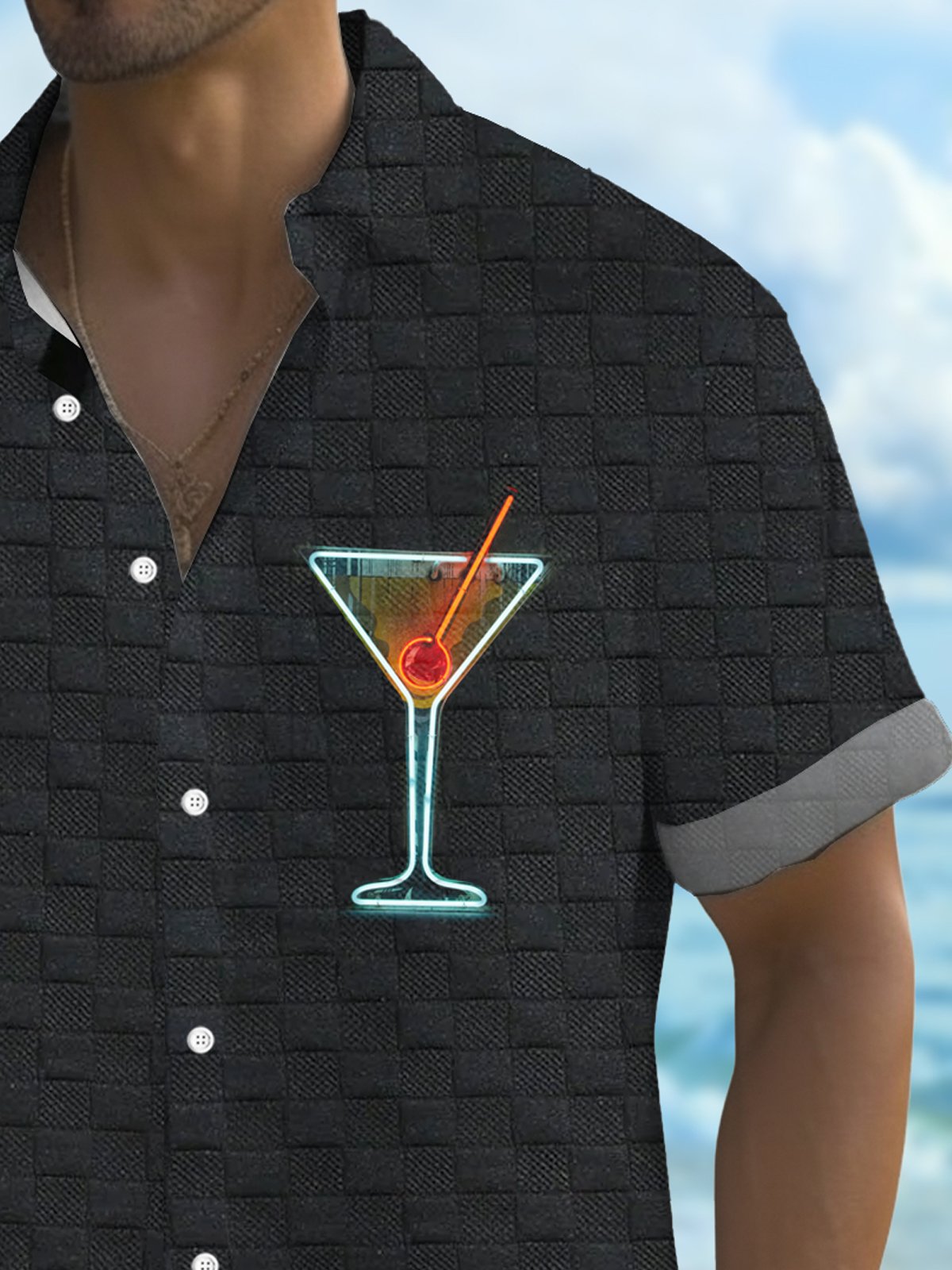 Royaura® Retro Cocktail Waffle Print Men's Button Pocket Short Sleeve Shirt Big & Tall