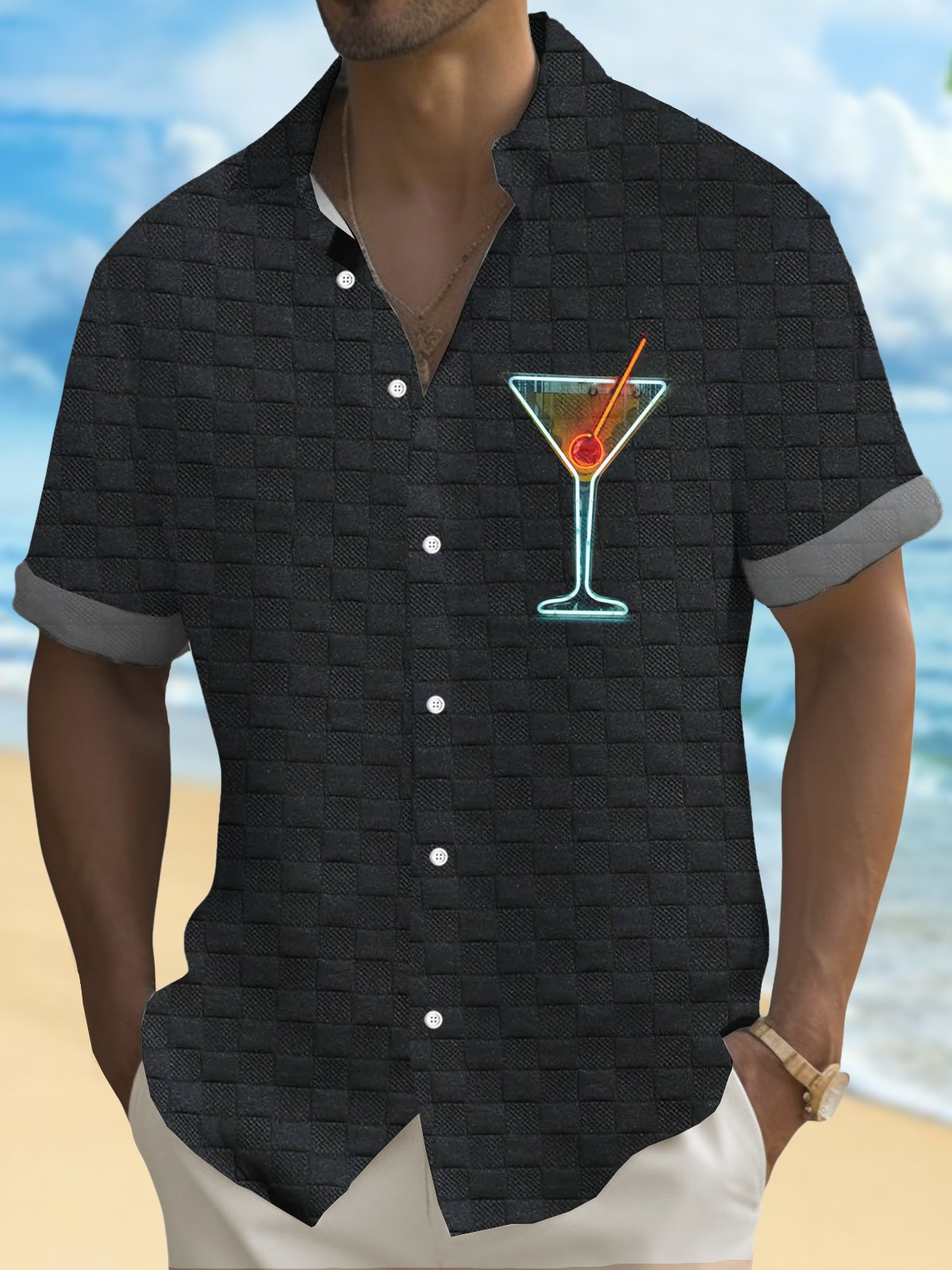 Royaura® Retro Cocktail Waffle Print Men's Button Pocket Short Sleeve Shirt Big & Tall