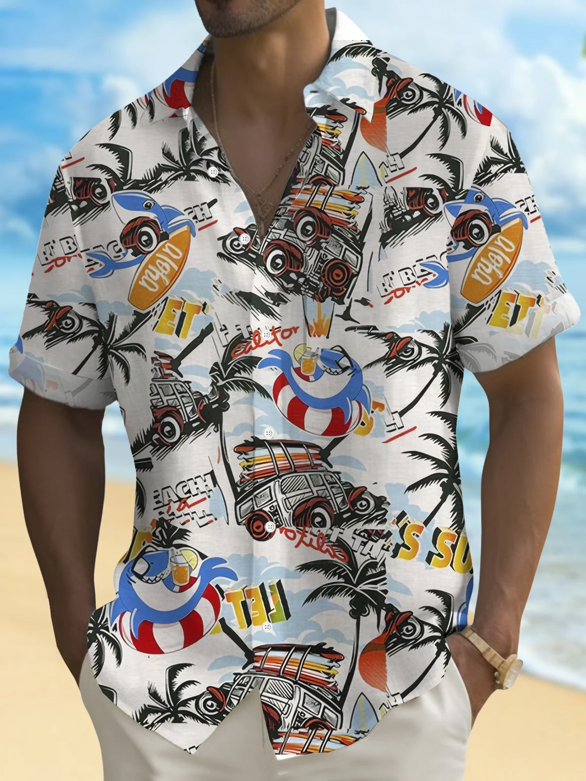 Royaura® Hawaiian Tropical Hawaiian Cars Coconut Tree Print Men's Lapel Button Pocket Short Sleeve Shirt Big & Tall