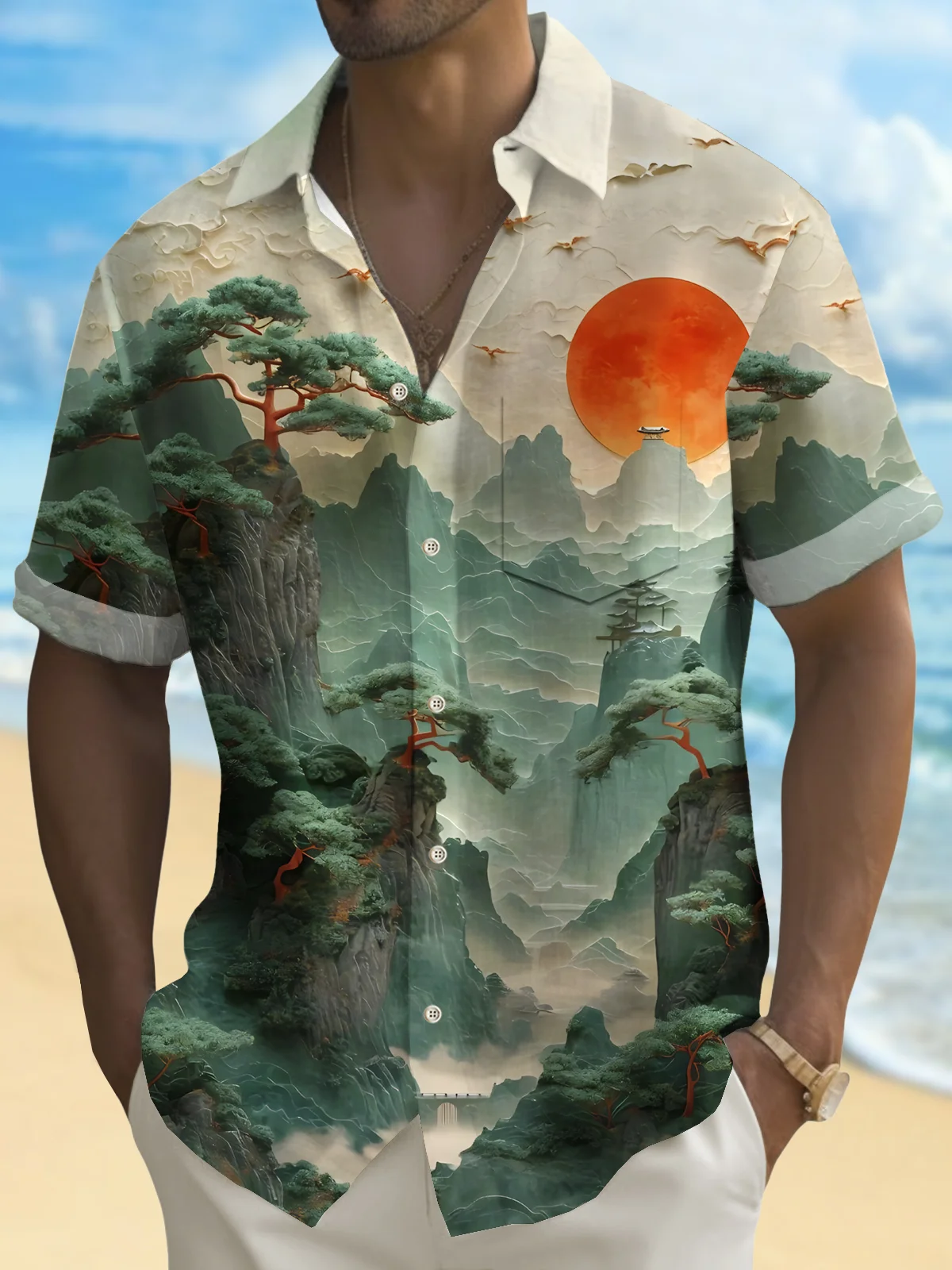 Royaura® Beach Resort Men's Hawaiian Shirt Landscape Painting Print Pocket Camping Shirt Big Tall