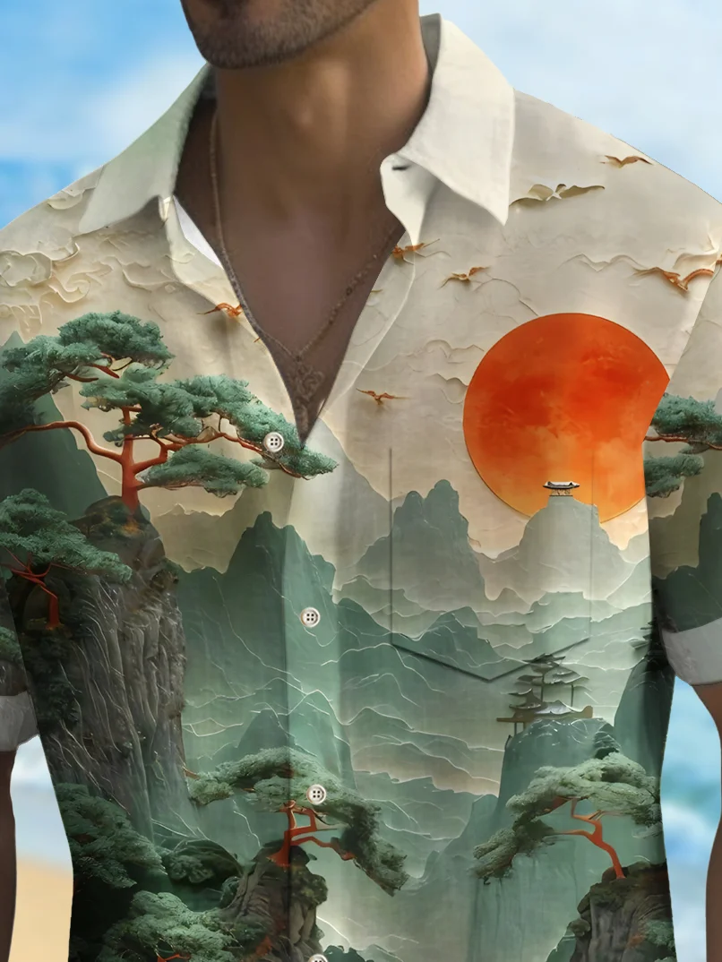 Royaura® Beach Resort Men's Hawaiian Shirt Landscape Painting Print Pocket Camping Shirt Big Tall