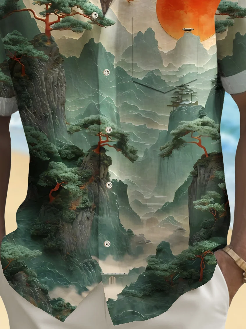Royaura® Beach Resort Men's Hawaiian Shirt Landscape Painting Print Pocket Camping Shirt Big Tall