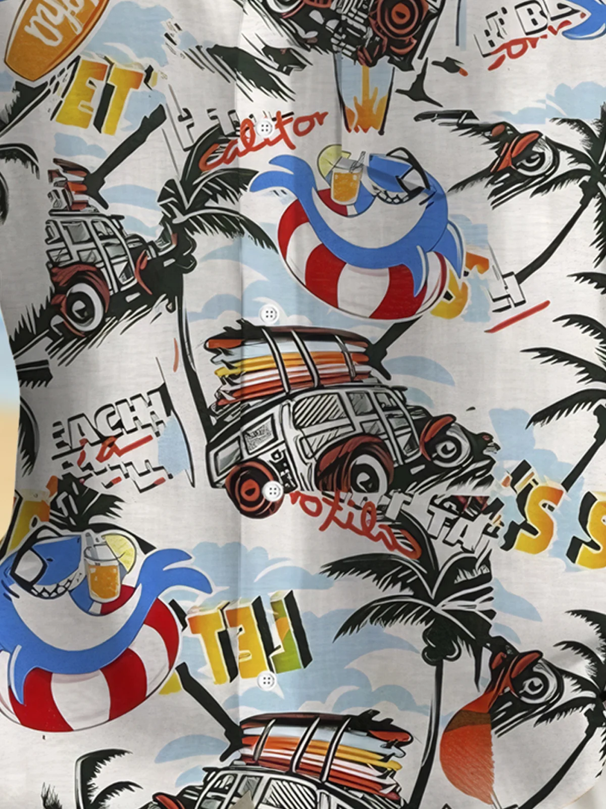 Royaura® Hawaiian Tropical Hawaiian Cars Coconut Tree Print Men's Lapel Button Pocket Short Sleeve Shirt Big & Tall