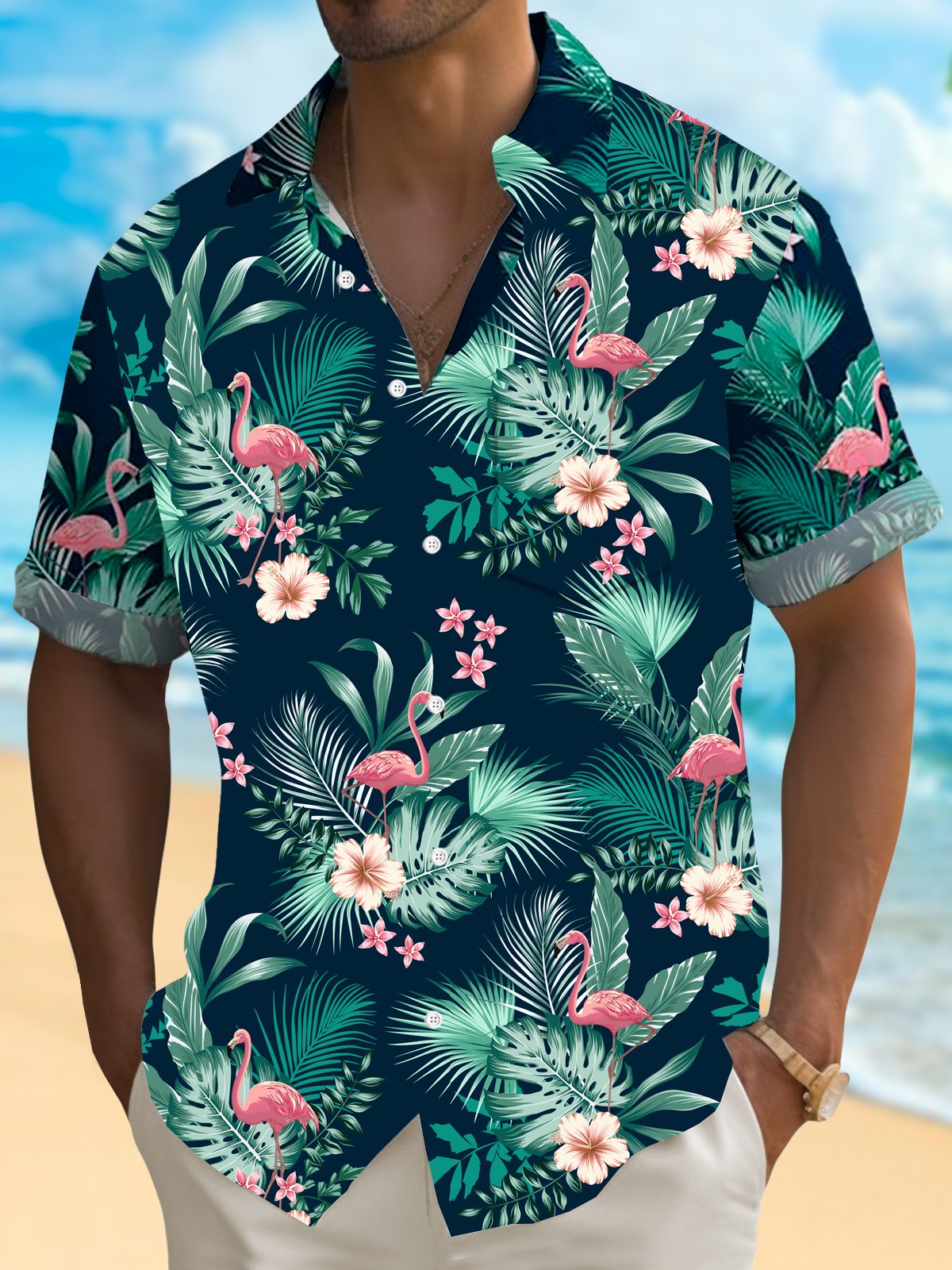 Royaura® Hawaiian Tropical Hawaiian Flower  Print Men's Lapel Button Pocket Short Sleeve Shirt Big & Tall