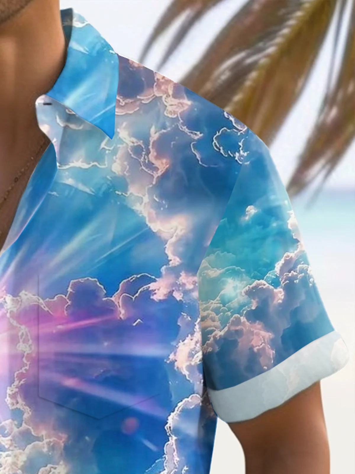 Royaura® Hawaiian Gradient Blue Sky White Cloud Print Men's Button Pocket Casual Hawaiian Shirt Big Tall