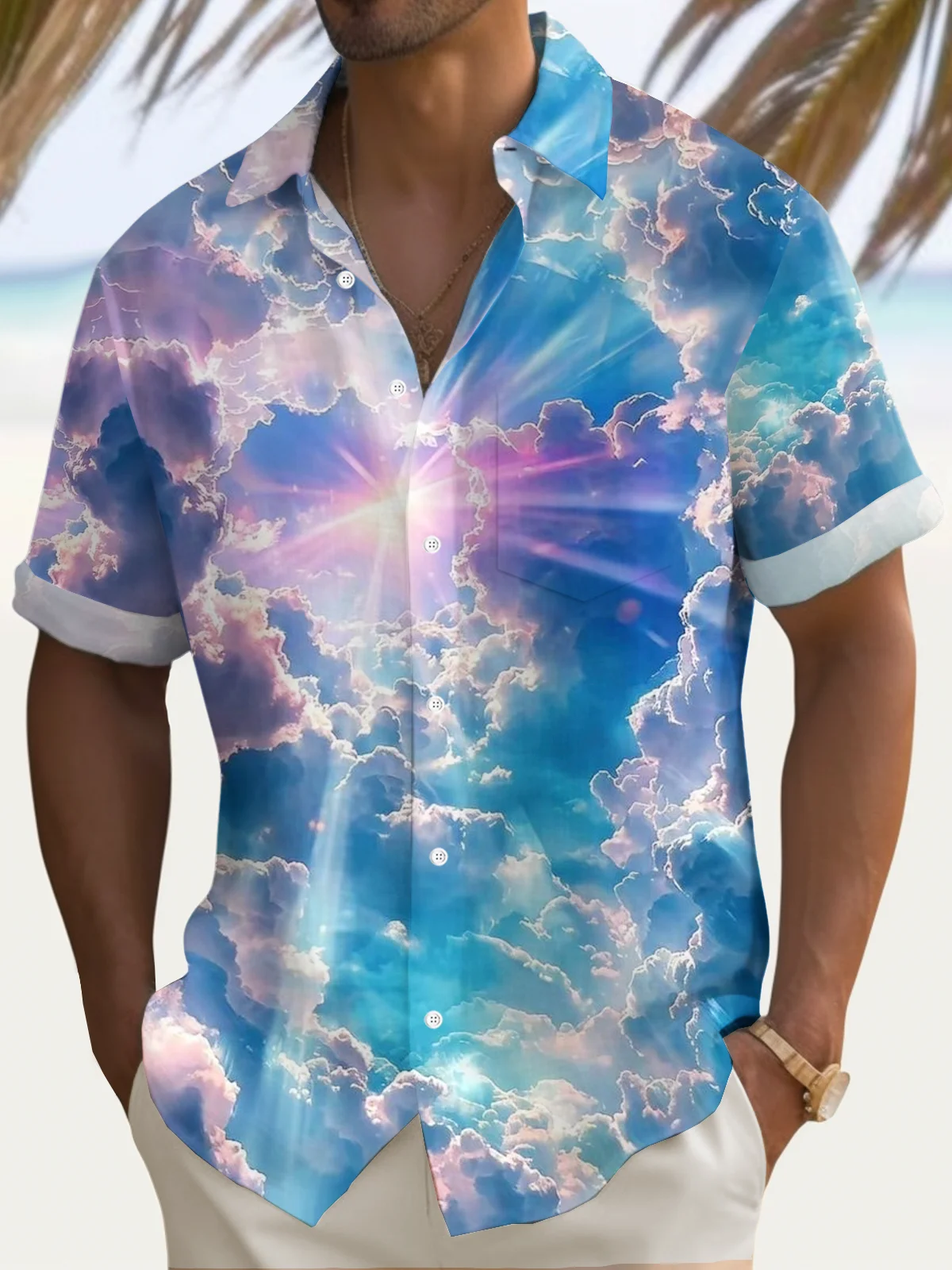 Royaura® Hawaiian Gradient Blue Sky White Cloud Print Men's Button Pocket Casual Hawaiian Shirt Big Tall