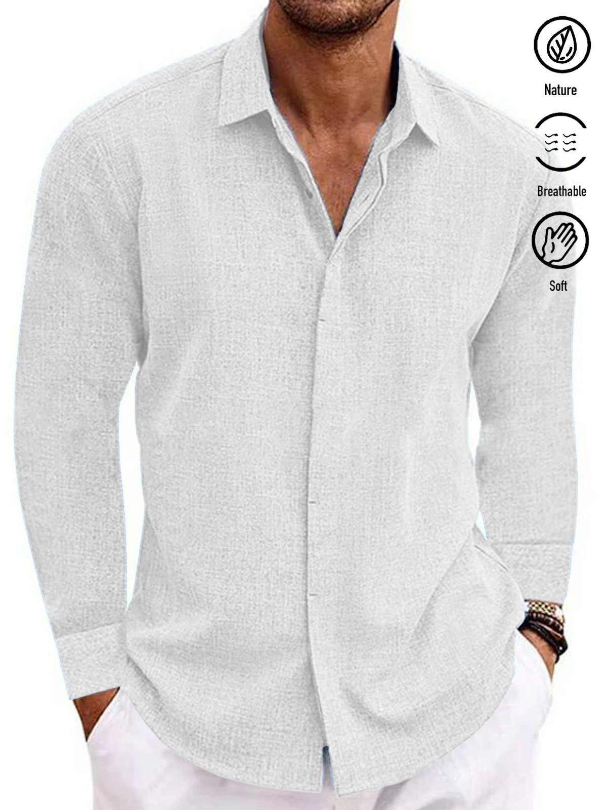 Royaura Basic Cotton Linen Plain Men's Button Down Long  Sleeve Shirt
