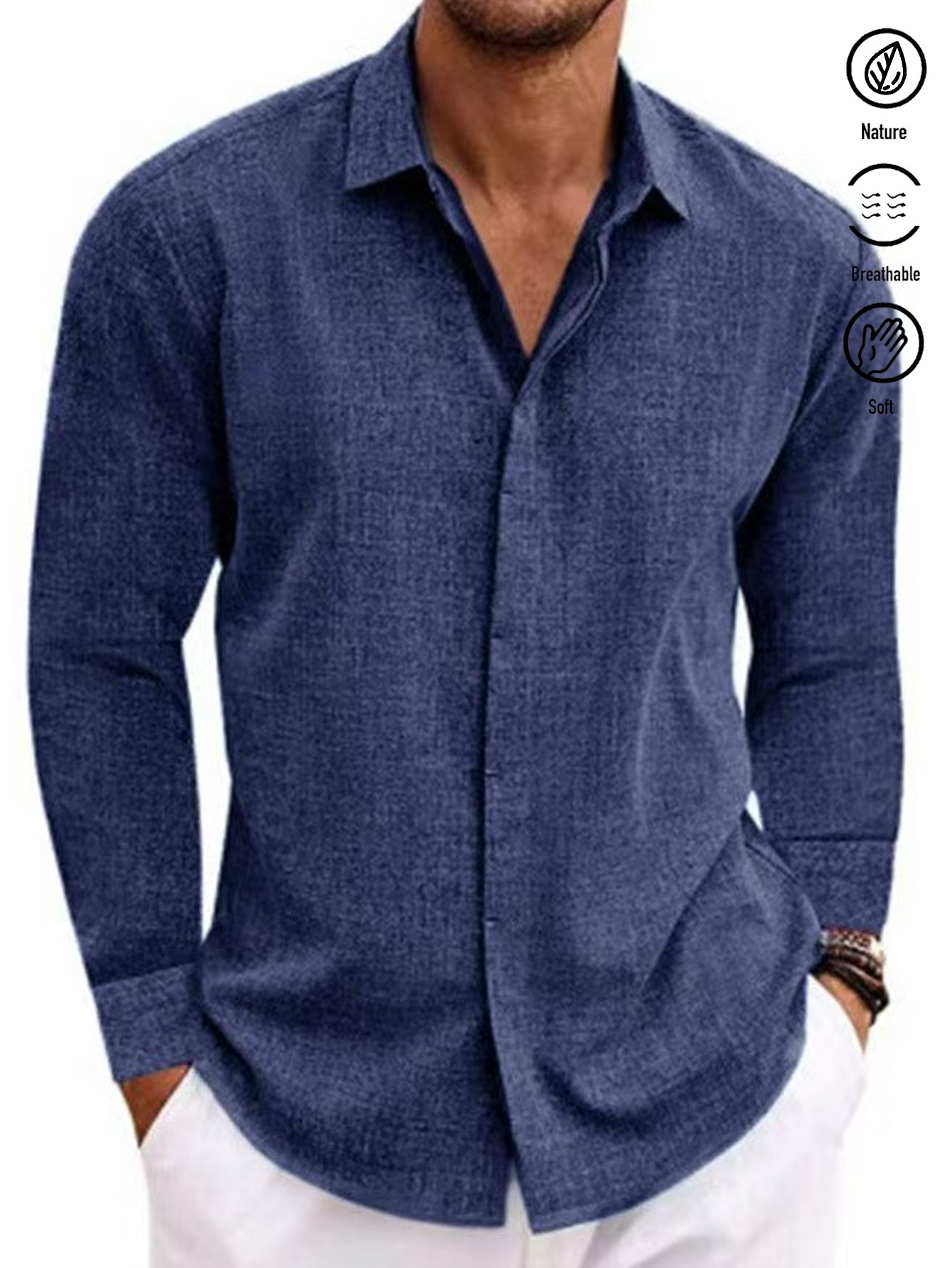 Royaura Basic Cotton Linen Plain Men's Button Down Long  Sleeve Shirt