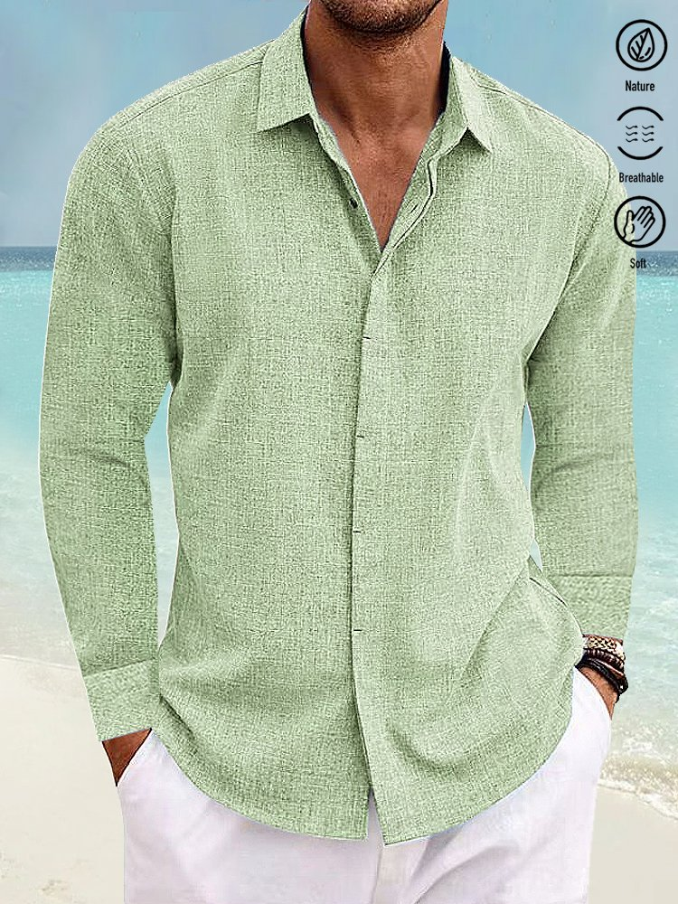 Royaura Basic Cotton Linen Plain Men's Button Down Long  Sleeve Shirt