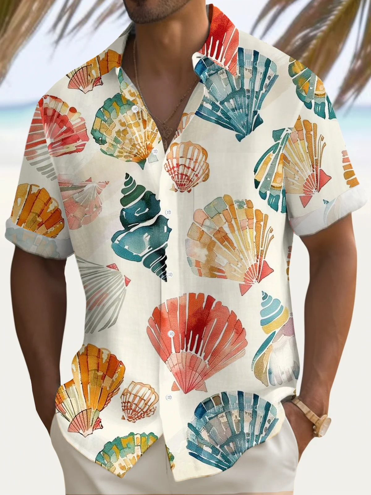 Royaura® Vintage Tropical Seashell Conch Shell Print Men's Button Pocket Hawaiian Shirt Big Tall