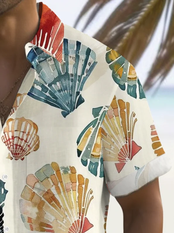 Royaura® Vintage Tropical Seashell Conch Shell Print Men's Button Pocket Hawaiian Shirt Big Tall