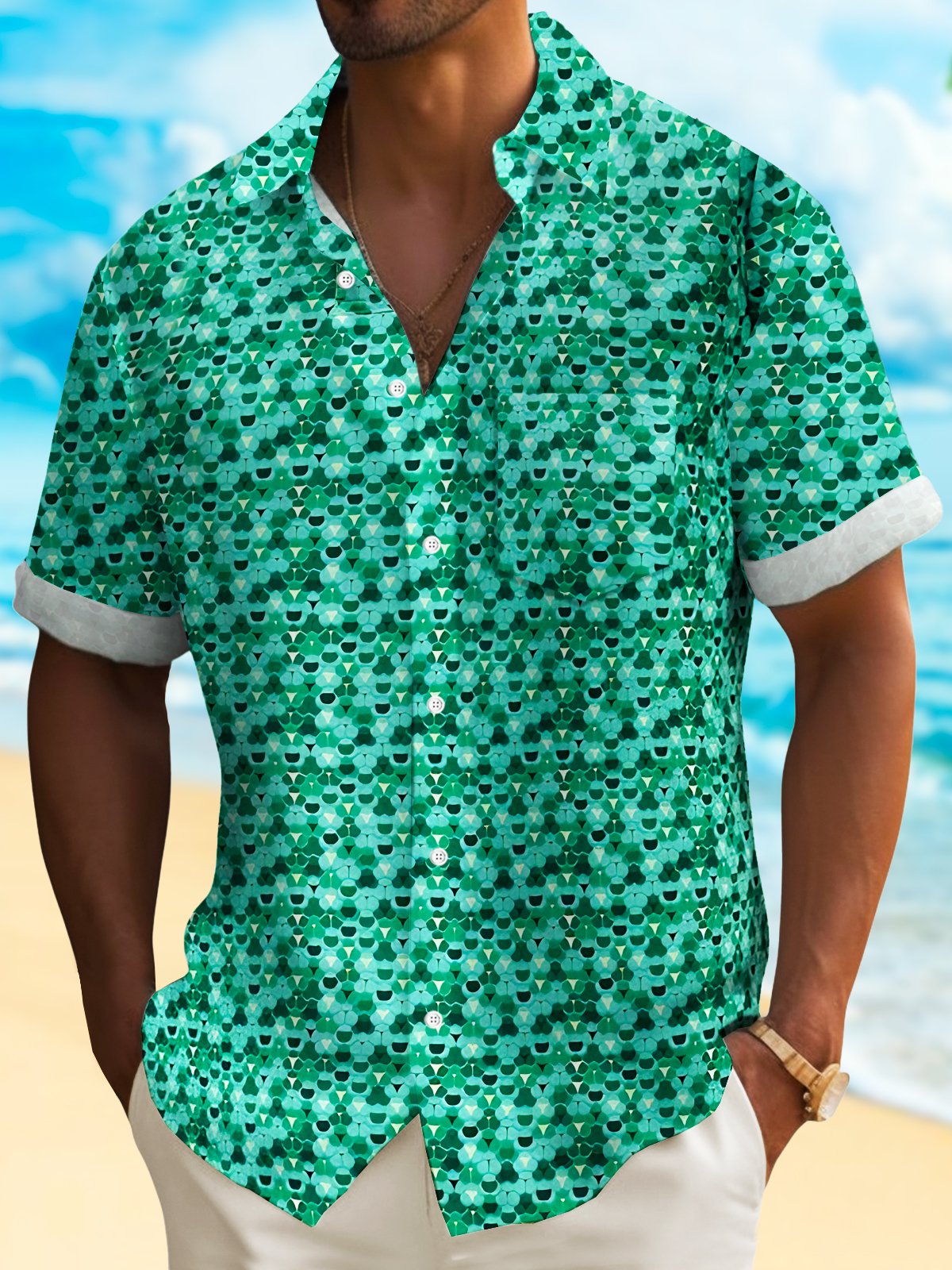 Royaura® Hawaiian Tropical Hawaiian Polka Dots Print Men's Lapel Button Pocket Short Sleeve Shirt Big & Tall