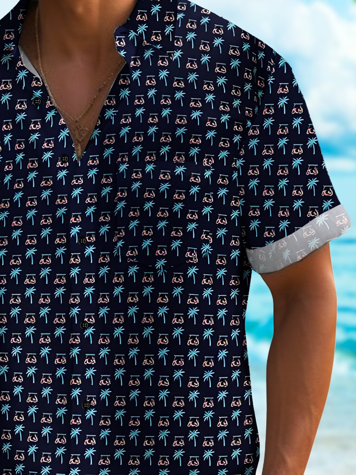 Royaura® Hawaiian Tropical Hawaiian Cars Coconut Tree Print Men's Lapel Button Pocket Short Sleeve Shirt Big & Tall