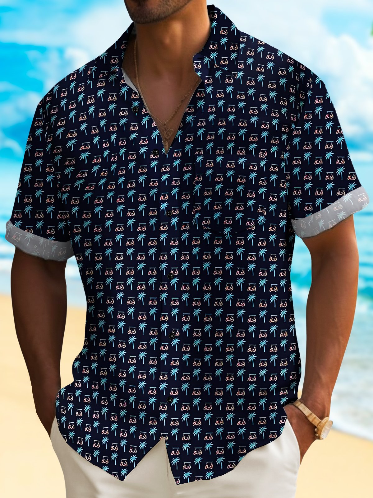 Royaura® Hawaiian Tropical Hawaiian Cars Coconut Tree Print Men's Lapel Button Pocket Short Sleeve Shirt Big & Tall