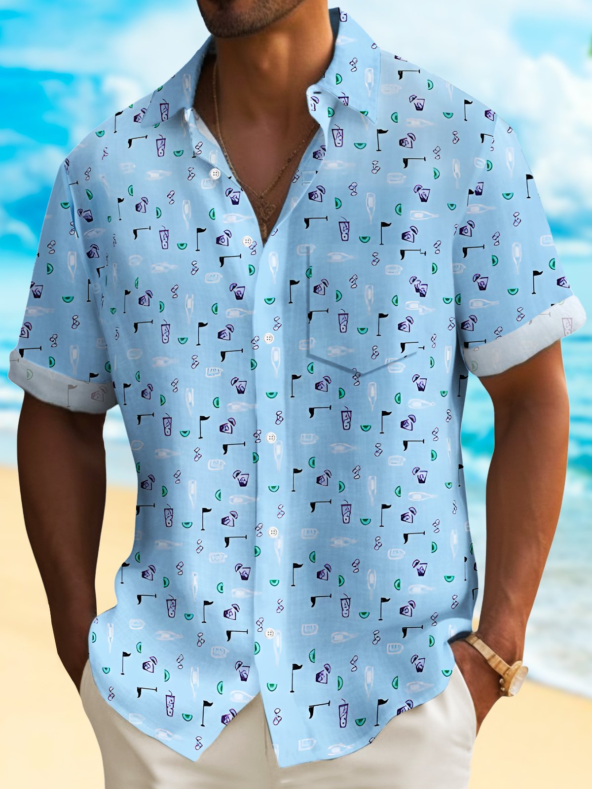 Royaura® Hawaiian Tropical Hawaiian Camouflage Print Men's Lapel Button Pocket Short Sleeve Shirt Big & Tall