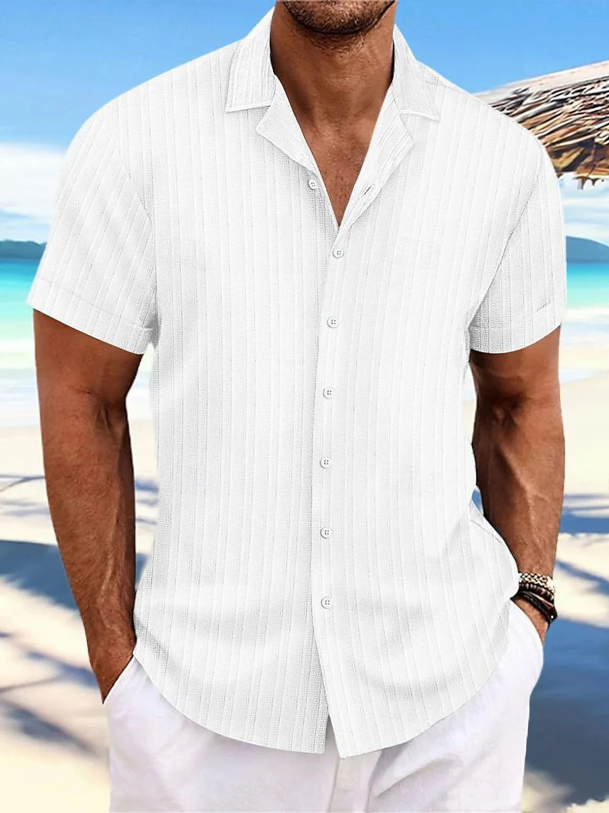 Royaura® Basic stripes Print Men's Wrinkle Free Seersucker Hawaiian Shirt Big Tall