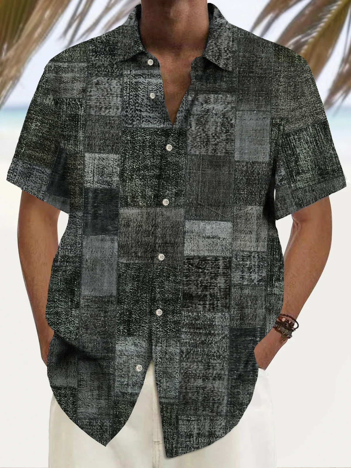 Royaura® Vintage Abstract Geometry Texture Print Men's Button Pocket Hawaiian Shirt Big Tall