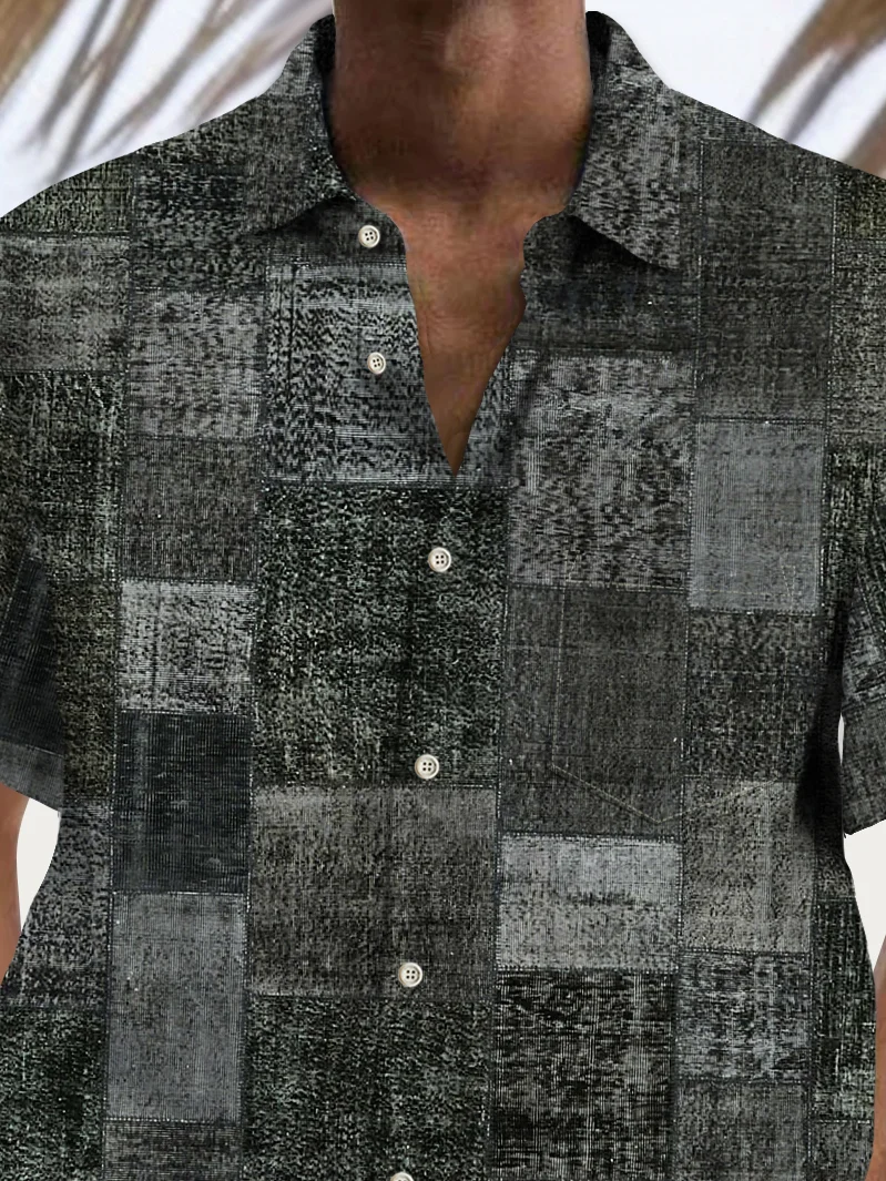 Royaura® Vintage Abstract Geometry Texture Print Men's Button Pocket Hawaiian Shirt Big Tall