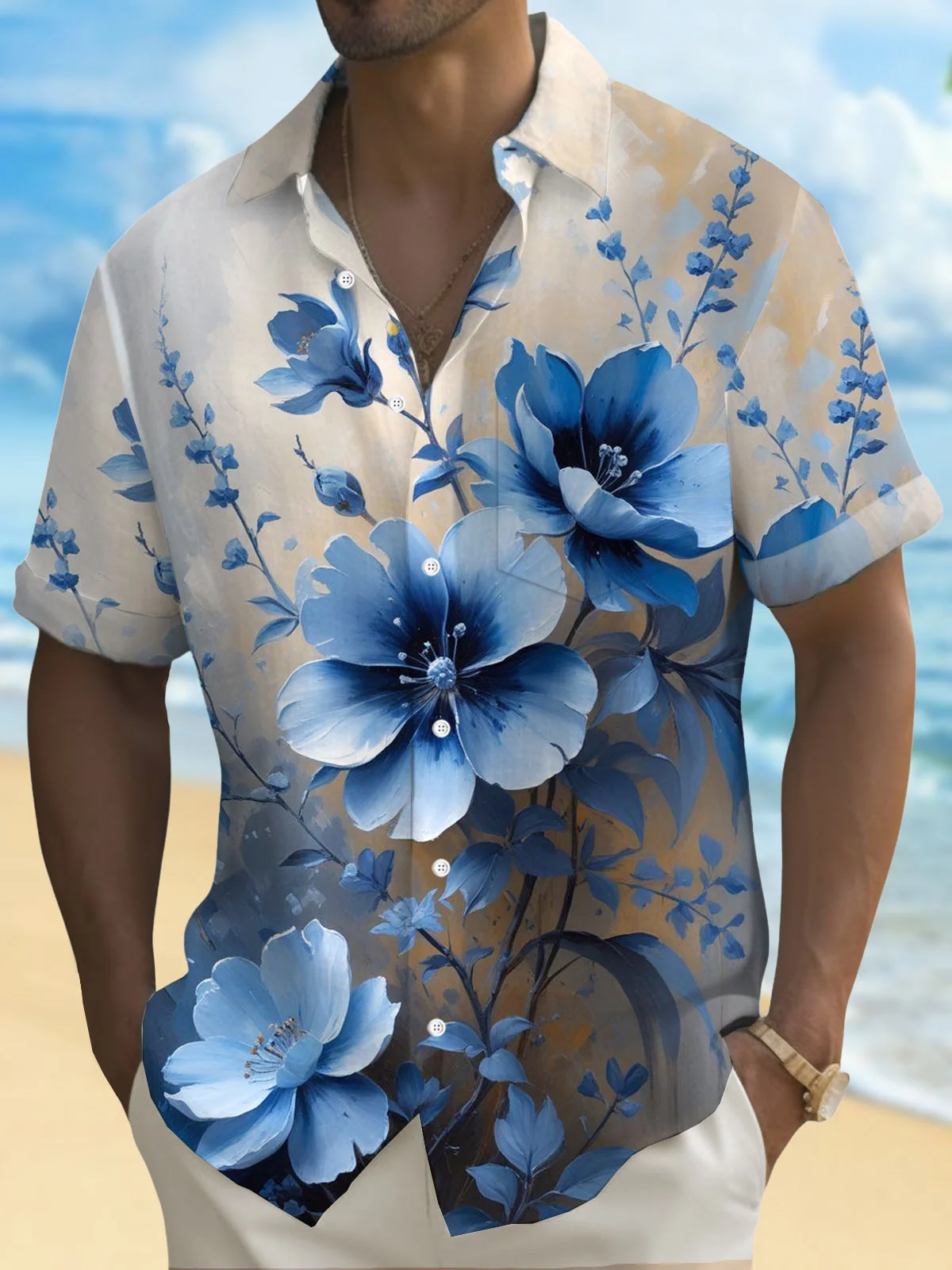 Royaura® Hawaiian Floral Art Print Men's Button Pocket Short Sleeve Shirt Big & Tall