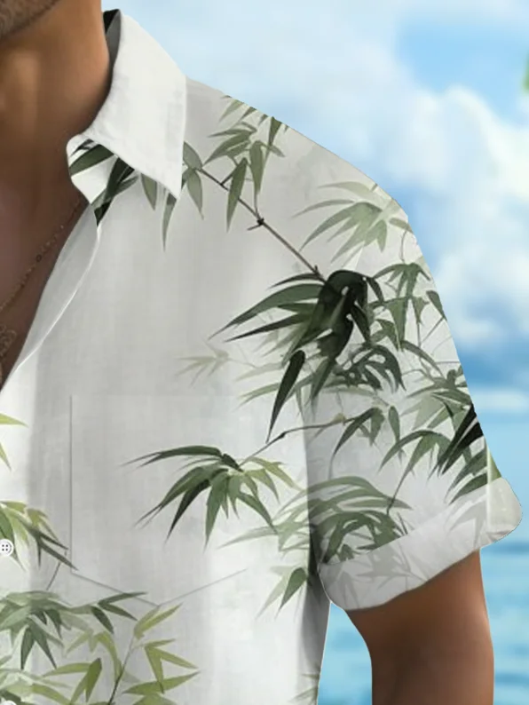 Royaura® Vinatge Bamboo Art Print Men's Lapel Button Pocket Short Sleeve Shirt Big & Tall